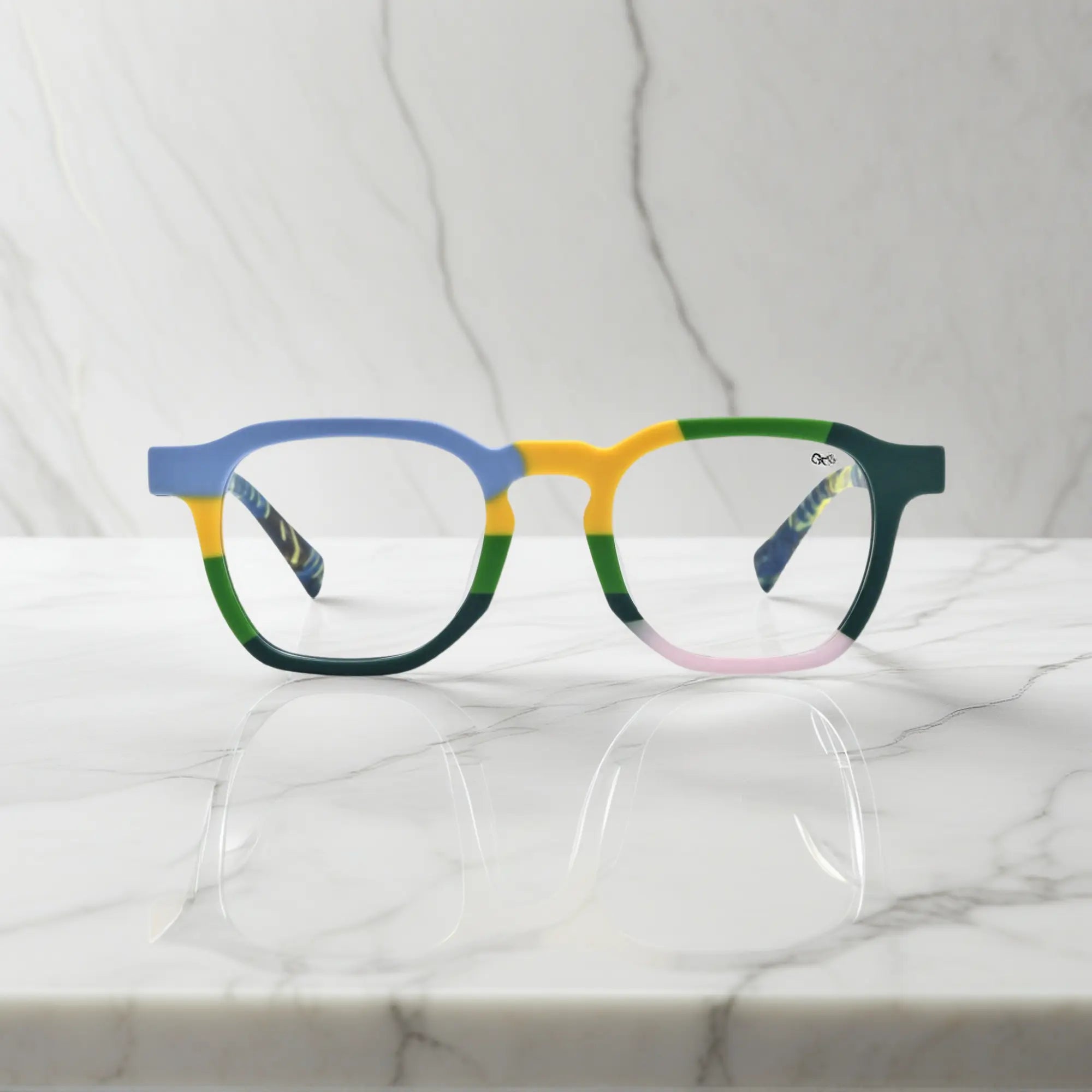 Front view of VoyueLens™ VL19358 Ocean Tortoiseshell acetate-eyewear, showcasing the bold square frame and vibrant colors.